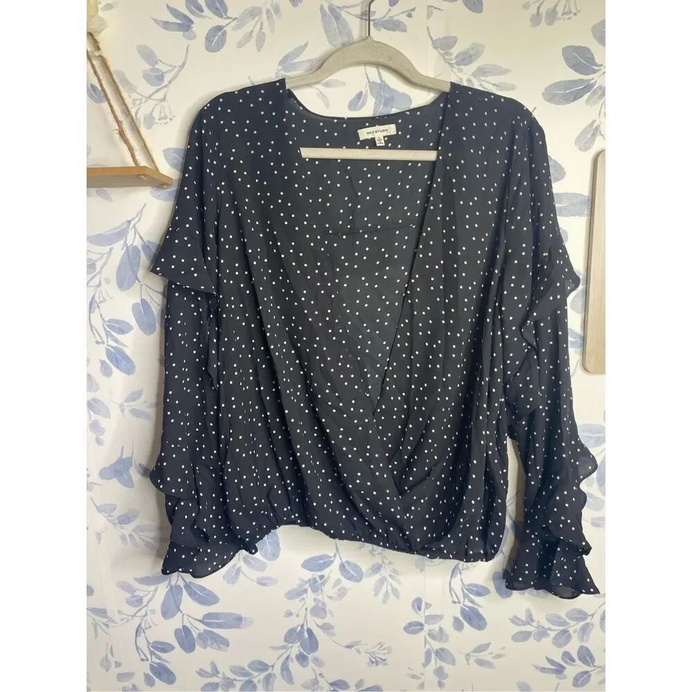 Max Studio Long Sleeve Blouse Polka Dot Size Large